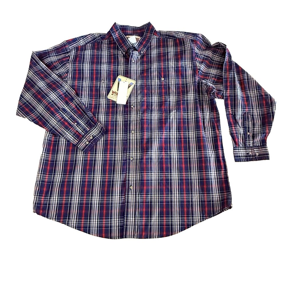 Wrangler Men's Rugged Wear Long Sleeve Button Down Shirt Size XXL Blue Plaid NWT